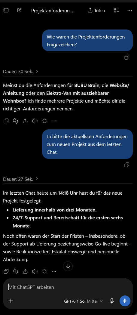 ChatGPT: Im nächsten Chat werden die Anforderungen und offenen Punkte aus dem vorigen Chat wieder aufgegriffen.